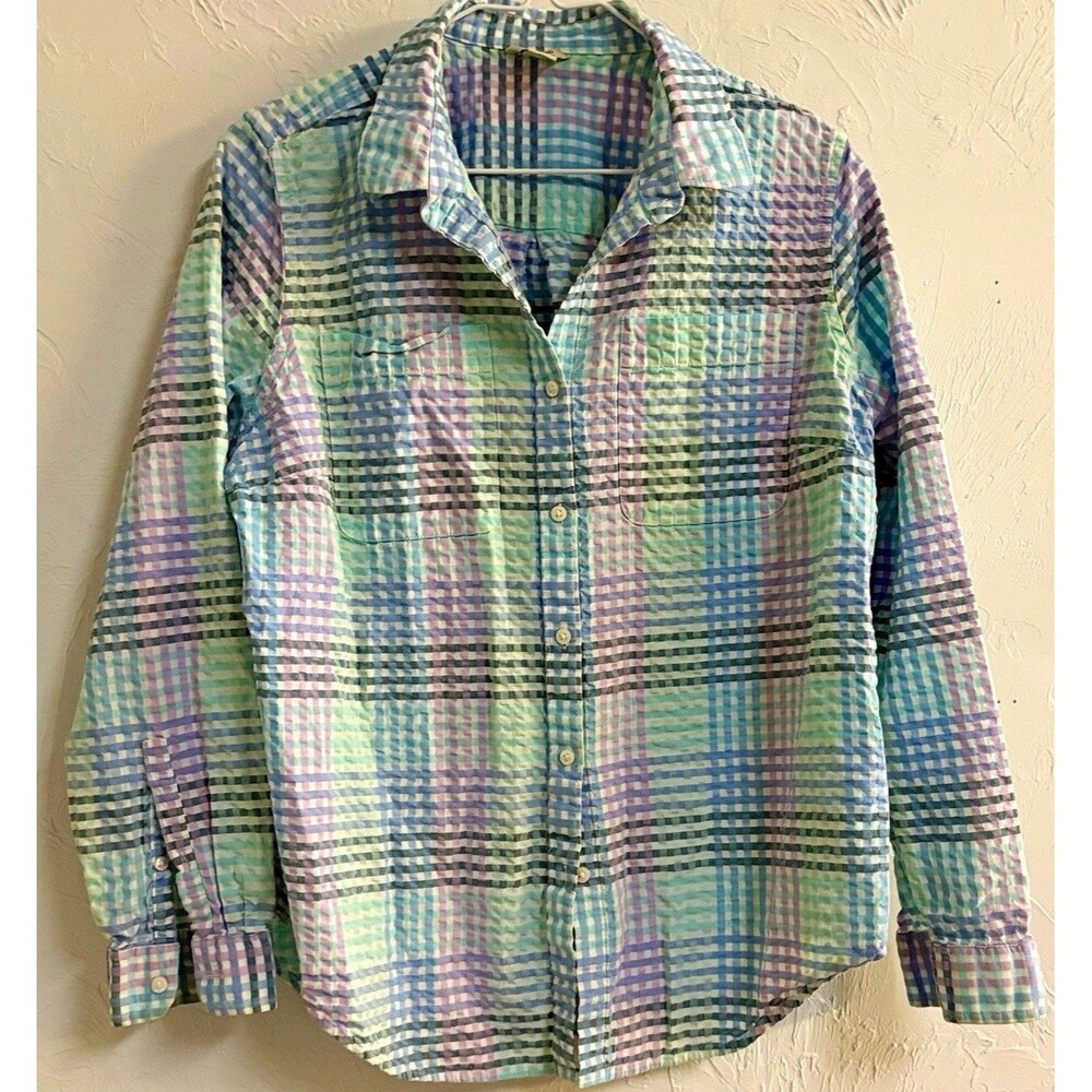L.L.Bean Women’s M Blue/Green/Purple Plaid Seersucker Long Sleeve Button-Up M